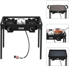 Bonnlo 2 Burner Outdoor Portable Propane Stove Gas Cooker, Heavy Duty Iron Cast Patio Burner with Detachable Stand Legs for Camp Cooking (2-Burner 150,000-BTU)
