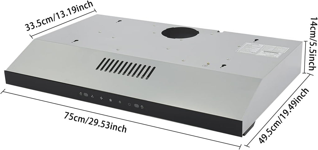 30inch Under Cabinet Range Hood, 900CFM Ducted/Ductless Stainless Steel Kitchen Vent Hood with 3-Speed Gesture Sensing&Touch Control, 2 LED Lights Time Setting Baffle Filters for Kitchens Restaurants