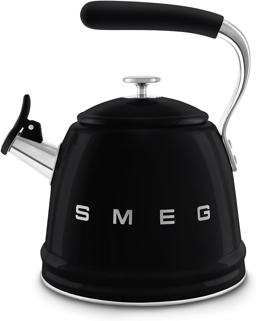 SMEG Stovetop Whistling Kettle – 50s Retro Style, 2.3 Liter (10 Cup / 2.4 Quart) Stainless Steel Tea Kettle with Iconic Design & Whistle – Premium Kitchen Statement Piece-Black