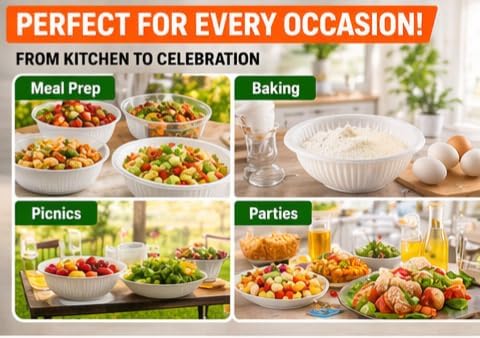 Disposable Plastic Mixing Bowls, 20 Pack, 40 oz Large Heavy Duty Bowls, Microwave Safe, BPA Free, Durable for Mixing, Meal Prep, Salad, Baking & Food Prep (20)