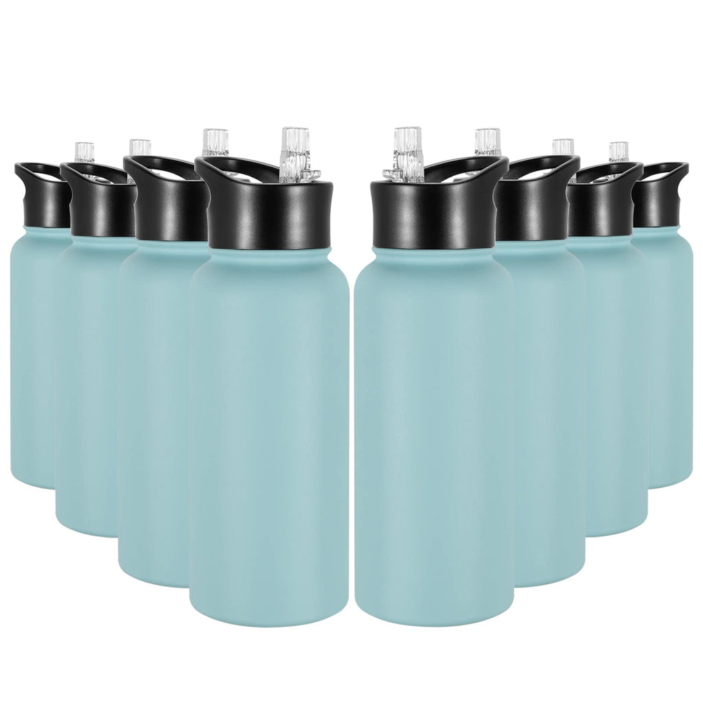 32 oz Insulated Water Bottle Bulk 8 Pack, Stainless Steel Sports Water Bottles with Straw Lid & Wide Mouth Lids, Double Walled Vacuum, Leak Proof, White