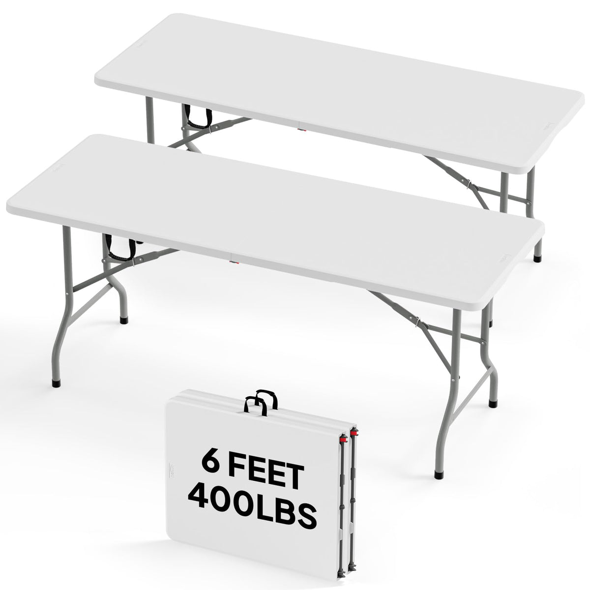 Bonnlo 2P Folding Table 6ft, Portable Collapsible Plastic White Long Tables for Party, Camping, Banquet, Craft, Dining, Wedding, Outdoor and Indoor Use