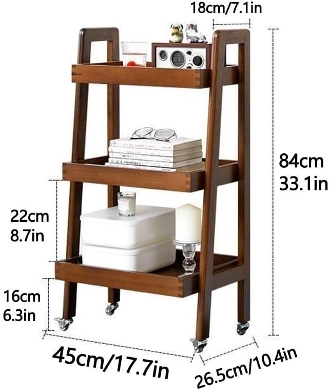 3-Tier Floor Bookcase, Solid Wood Ladder Shelf with Wheels, Side Table for Living Room, Craft Cart Fit in Kitchen, Narrow Space, Ladder Bookshelf with Handle(Brown)