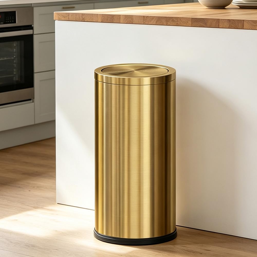 Gold Trash Can, 8 Gallon Trash can with lid,Large Capacity FILP lid Kitchen Trash can for Bathroom,Shopping mall,Elevator gate,Airport, Hotel,Commercial (Gold)