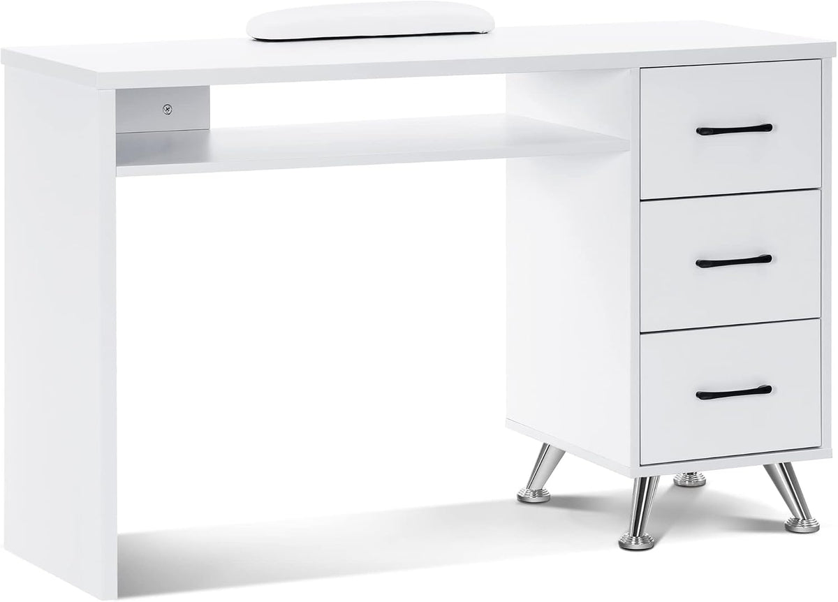 BarberPub Nail Desk with 3 Drawers, Open Space, Wrist Rest White 2655
