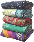 Handmade Vintage Kantha Quilt 3-Layer Cotton Blanket, Bohemian Kantha Throw, Reversible Patchwork Gudari Blanket for Bed, Couch, Sofa (54 x 84 1pices)