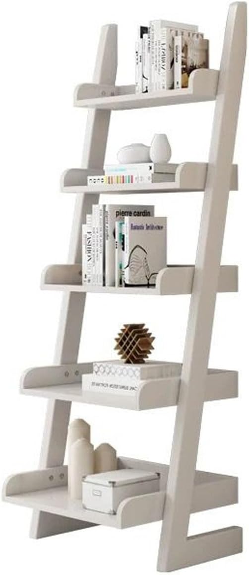 23.6x11.4x55in Ladder Bookshelf L-Shaped Leaning Bookcase Heavy Duty Solid Wood Floor Standing Storage Shelving Unit 5-Tier Bookshelves Shelf Organizer(White)