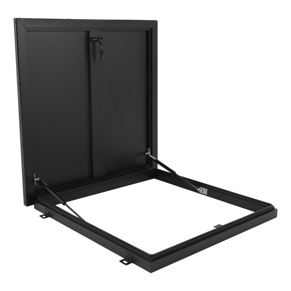 Aluminum Alloy Security Roof Hatch, 90° Hydraulic Escape Vent w/Lockable Egress Window Cover, Heavy-Duty Emergency Access Door for Attic & Commercial Buildings (23.6 * 23.6in, Black)