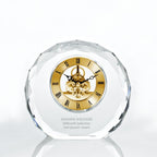Engraved Clock Trophy - Gold Executive Crystal - Round Beveled Skeleton