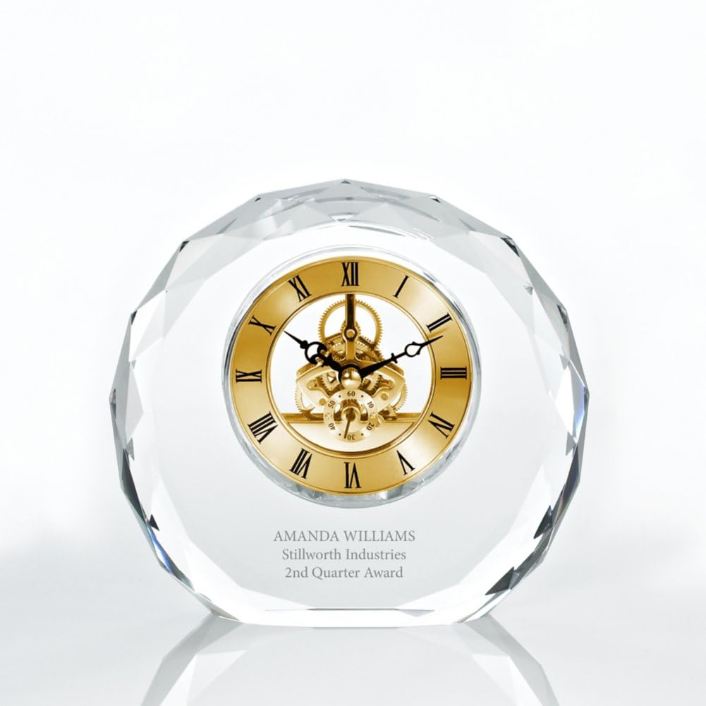 Engraved Clock Trophy - Gold Executive Crystal - Round Beveled Skeleton