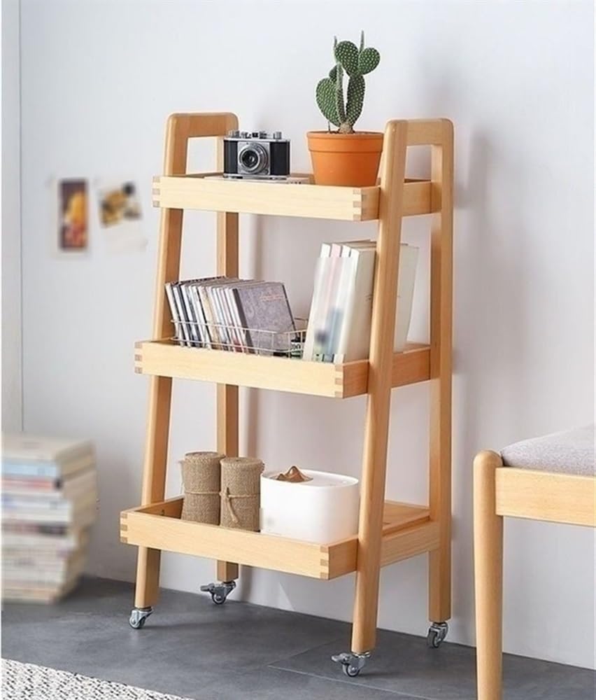 3-Tier Floor Bookcase, Solid Wood Ladder Shelf with Wheels, Side Table for Living Room, Craft Cart Fit in Kitchen, Narrow Space, Ladder Bookshelf with Handle(Brown)