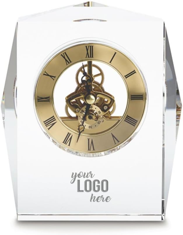 Custom Engraved Clock Trophy - Executive Crystal - Rectangular Shaped on a Rectangular Base - Gold Inset - Add Your Logo