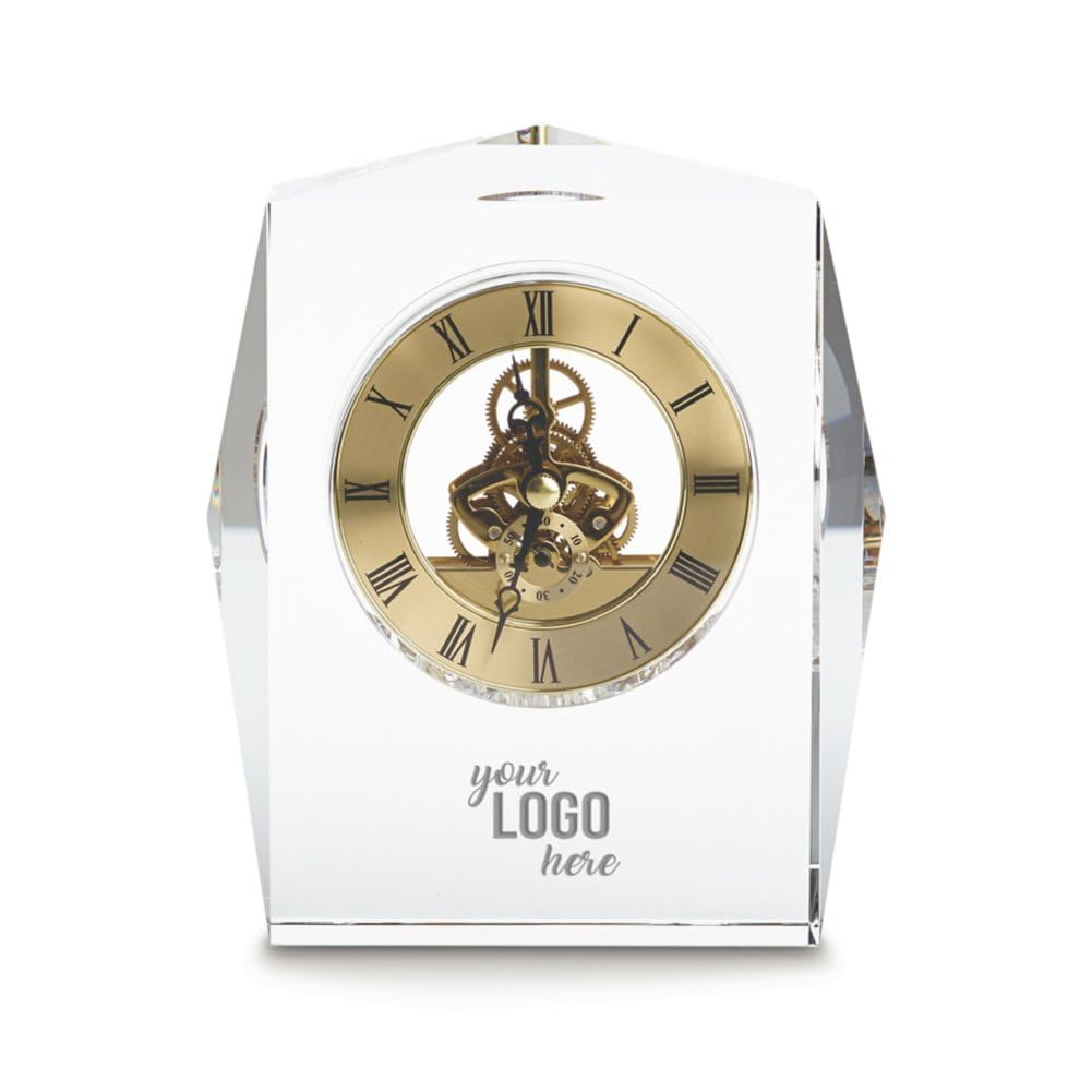Engraved Clock Trophy - Gold Executive Crystal - Round Beveled Skeleton
