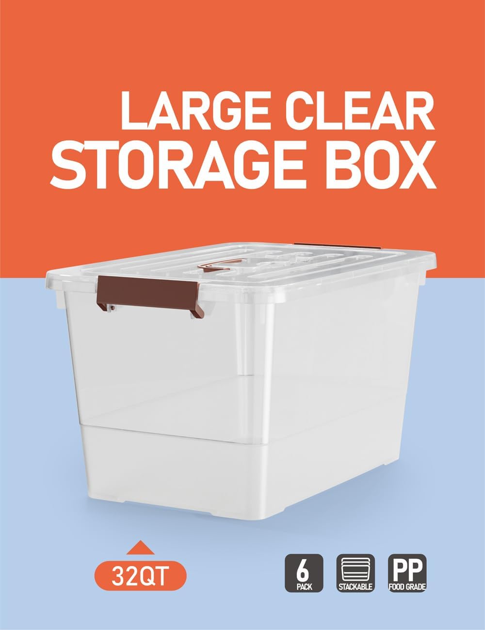 WYT 32 Qt Plastic Clear Storage Bin with Durable Lids and Latching Buckle, 6-Pack Tote Organizing Box Stackable and Nestable