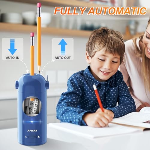 AFMAT Fully Automatic Pencil Sharpener, Blue, 2 Pack (one with Dotted Eyes)