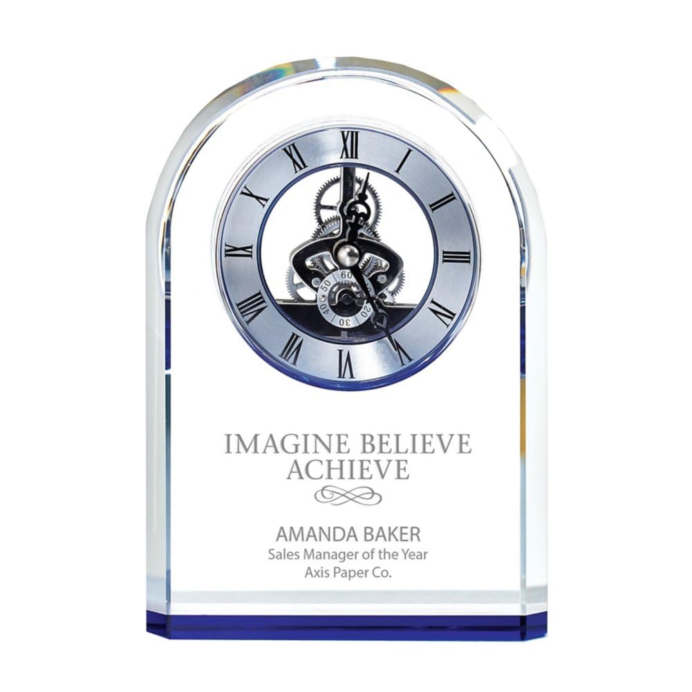 Custom Engraved Clock Trophy - Executive Crystal - Rectangular Shaped on a Rectangular Base - Gold Inset - Add Your Logo