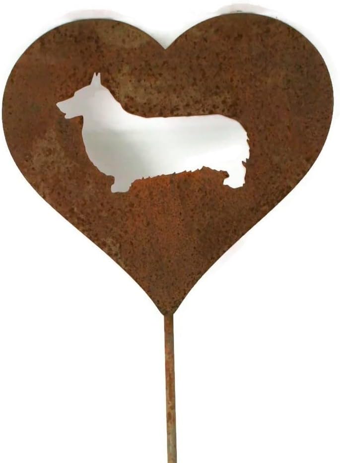 Pet Dog, Cat, Rabbit or Bird Keepsake Memorial Heart Garden Stake 20 to 28 Inches Tall (Large Heart, 28" Tall, Pembroke Welsh Corgi, Naturally Rusted)