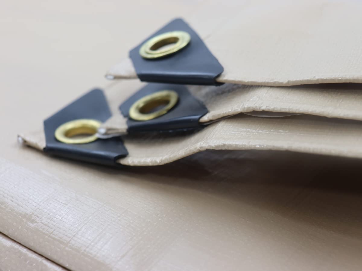 Tan 14 mil Heavy Duty Poly Tarp, Waterproof, 3 Ply, UV Protection, Rust Resistant Grommets on All Four Sides (18 X 20)