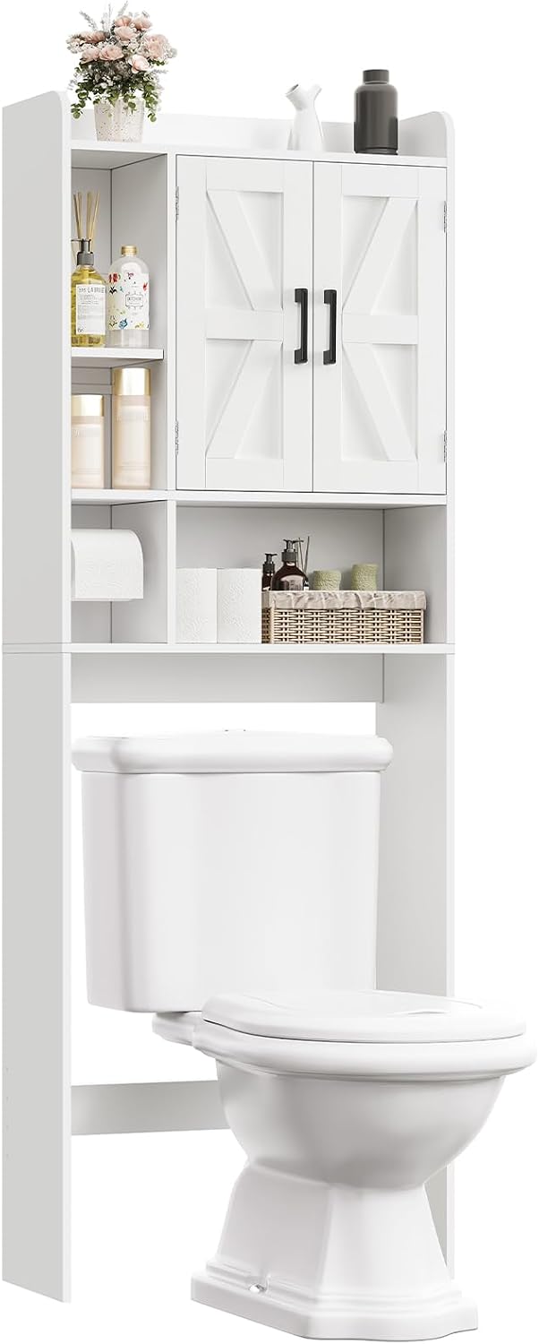 TEENFON Over The Toilet Storage Cabinet with 4 Open Shelves and Adjustable Shelf, Extra Tall Bathroom Organizer Unit with 2 Barn Doors, Home Space Saver for Bathroom, Laundry Room, White