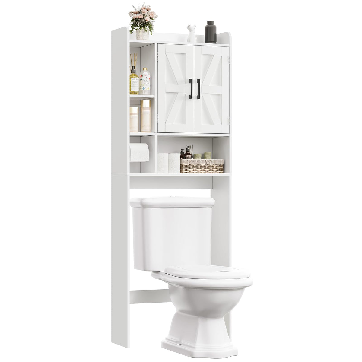 TEENFON Over The Toilet Storage Cabinet with 4 Open Shelves and Adjustable Shelf, Extra Tall Bathroom Organizer Unit with 2 Barn Doors, Home Space Saver for Bathroom, Laundry Room, White