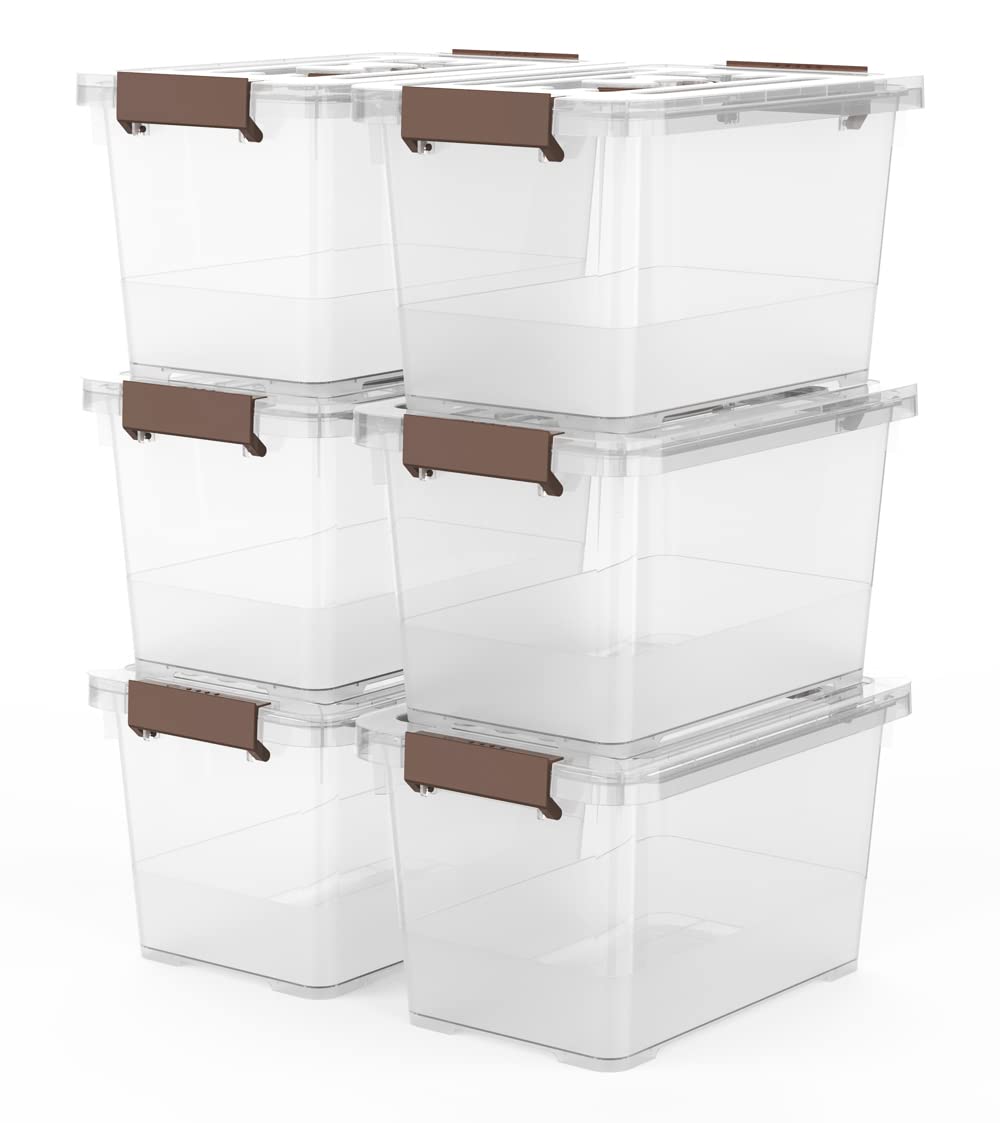WYT 32 Qt Plastic Clear Storage Bin with Durable Lids and Latching Buckle, 6-Pack Tote Organizing Box Stackable and Nestable