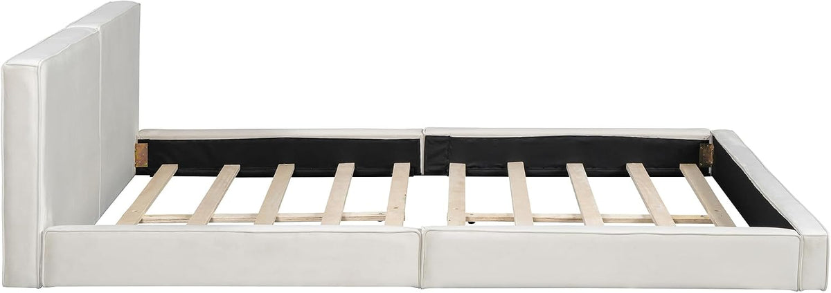 Grounded Bed Upholstered Platform Bed with Unique Design Thick Fabric Headboard, Wood Platform Bed Frame for Kids Adults Bedroom Furniture, Upholstered Floor Bed (Beige-11, Queen)