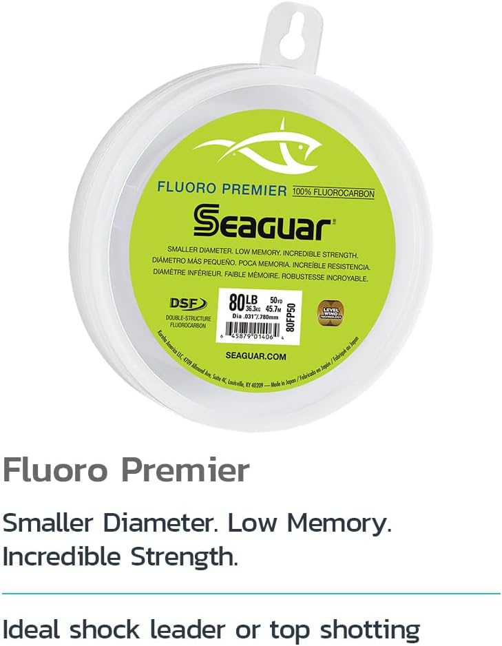 Seaguar Fluoro Premier Saltwater Fishing Line Shock Leader, 100% Fluorocarbon, Multiple Sizes