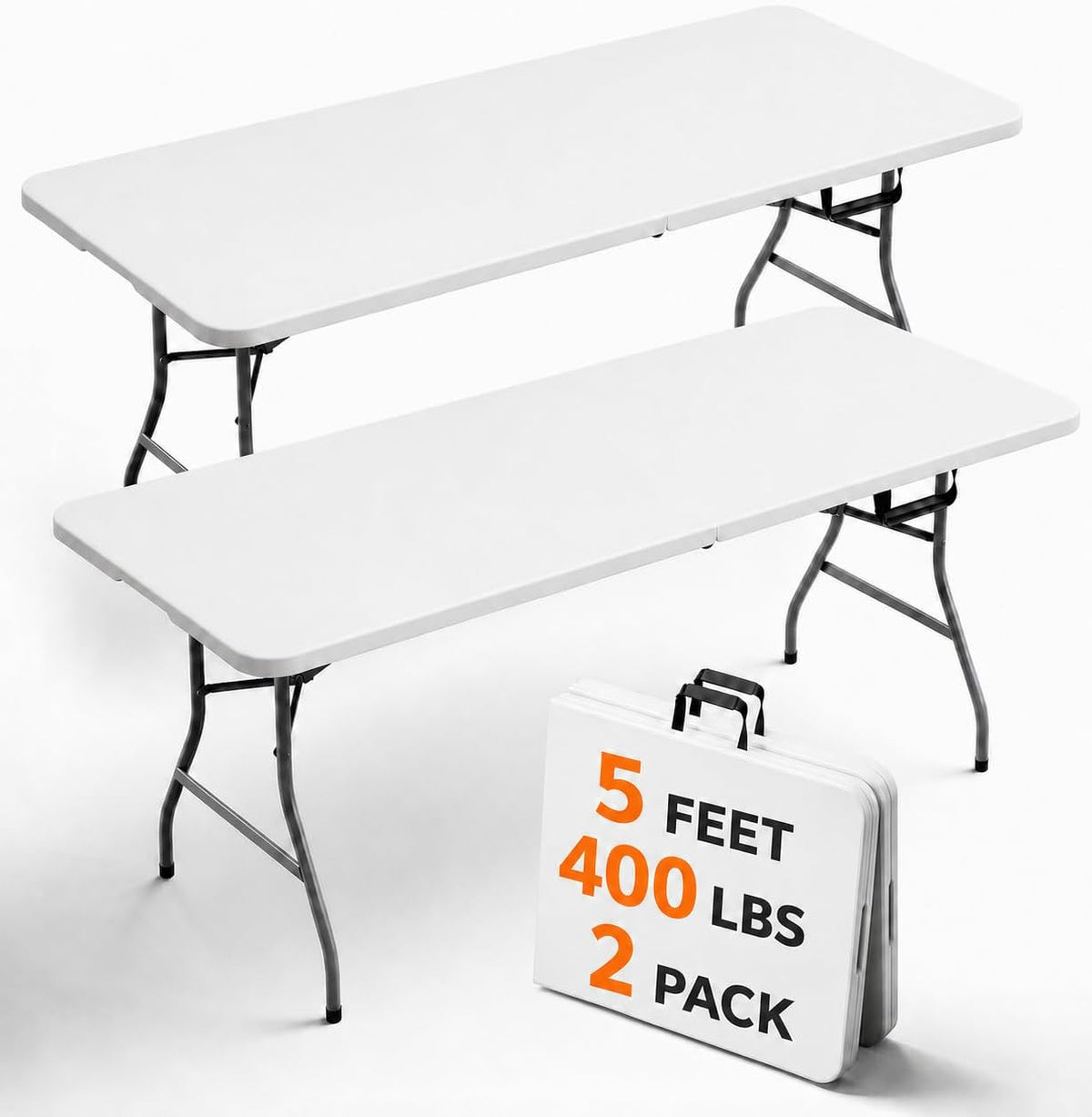 Folding Table 5FT 2 Pack Heavy Duty Plastic Table, Foldable & Portable, Fold-in-Half Utility Tables for Outdoor, Dining, Wedding, Events, Indoor, Picnic, Camping, Party,White