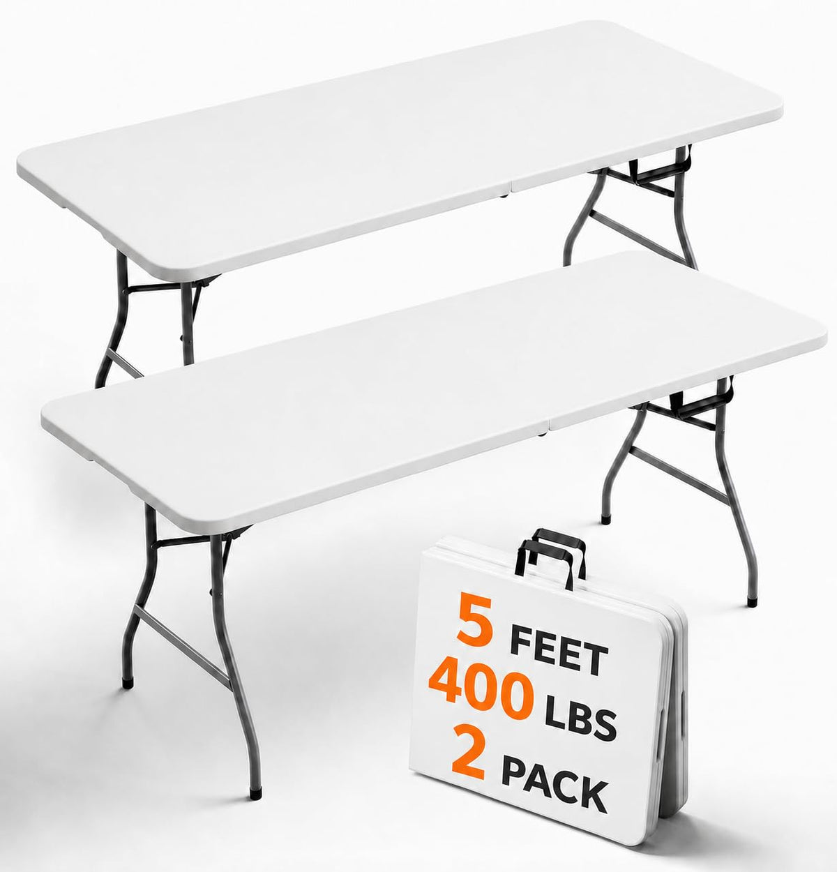 Folding Table 5FT 2 Pack Heavy Duty Plastic Table, Foldable & Portable, Fold-in-Half Utility Tables for Outdoor, Dining, Wedding, Events, Indoor, Picnic, Camping, Party,White