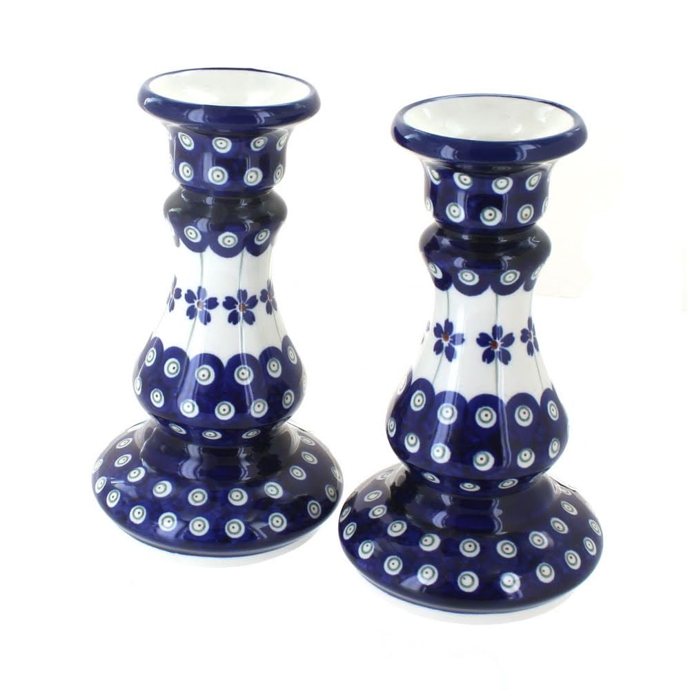 Blue Rose Polish Pottery - Green Mosaic Flower Candlestick Pair - 8" Tall - Hand-Painted Polish Pottery Ceramic Candle Holders