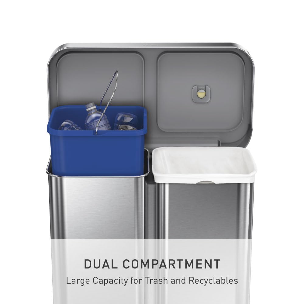 simplehuman Step Recycler, 58L / 15.3 Gallon Dual Compartment Kitchen Trash Can, 150,000-Step Pedal, Lid Shox® Technology, Liner Rim System, Liner Pocket®, Brushed Stainless Steel with Plastic Lid