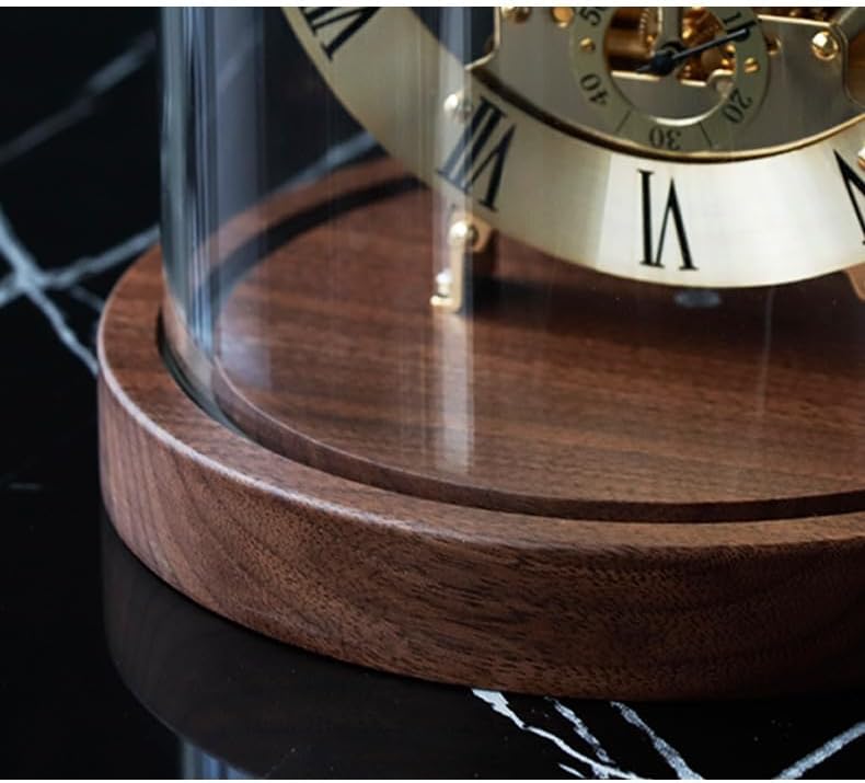 Mechanical Vintage Glass Dome Table Clock, Black Walnut Night Light Desk Clock, Sound-Activated Warm LED Night Light, Quartz + Mechanical See-Through Movement, Desk Decor Accessories