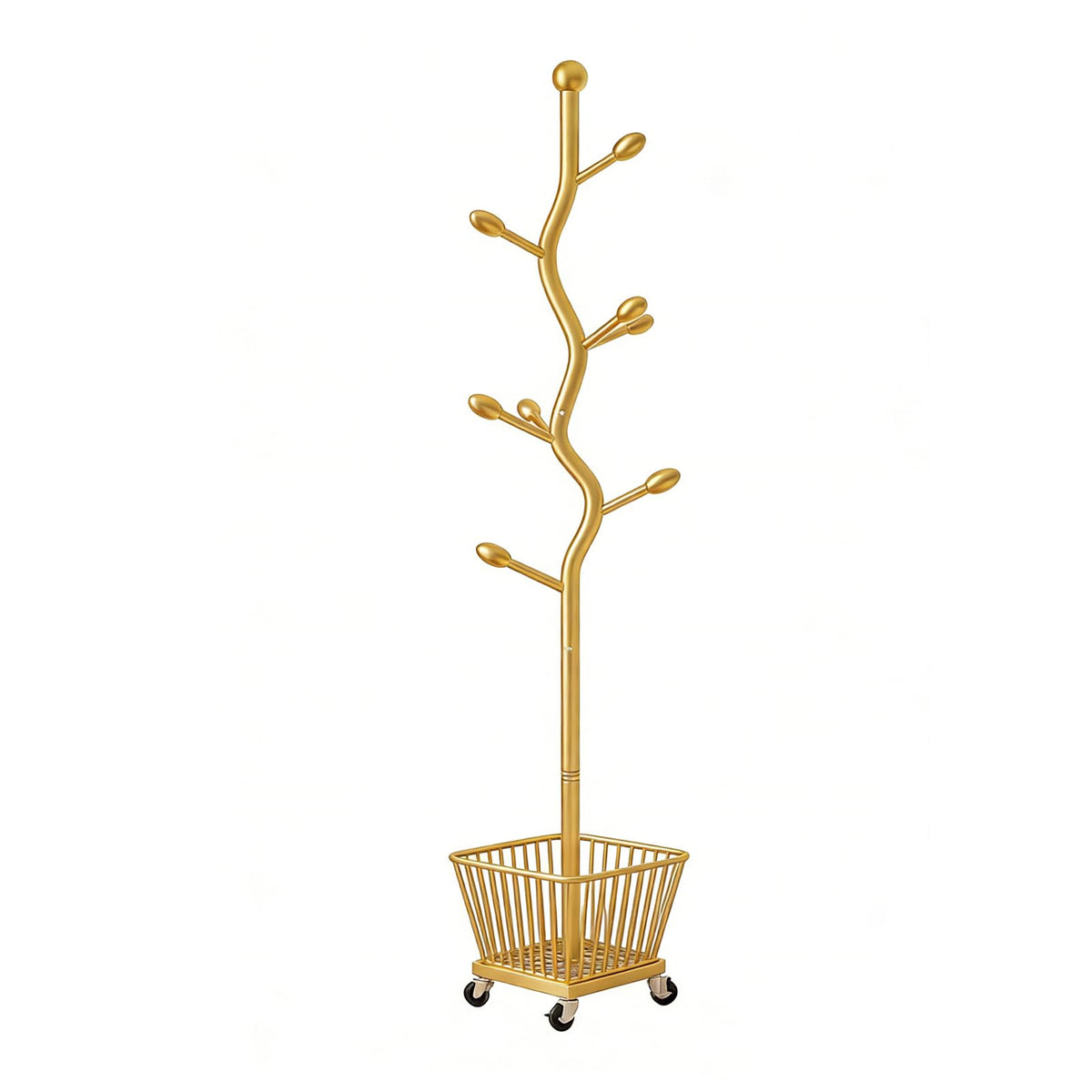 Freestanding Portable Metal Coat Rack Tree-shaped Coat Stand with Storage Basket Coat Rack Stand Perchero Para Colgar Bolsas Suitable for Bedrooms Offices Hallways and E Glossy Silver 12.59in*68.89in