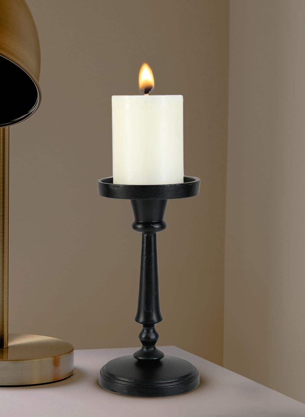 Serene Spaces Living Twilight Black Pillar Candle Holder, Elegant Cast Iron Candle Stand for Home Décor, Weddings, Birthdays, Cozy Evenings - Sturdy Base, 4.25" Diameter & 8.75" Tall, Pack of 6