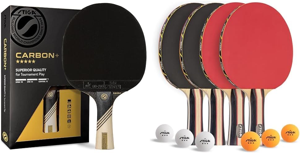 STIGA Carbon+ Ping Pong Paddle – 7-ply Extra Light Carbon Fiber Blade – 2mm Premium Sponge – Concave Pro Handle for Exceptional Grip – Performance Table Tennis Racket for Tournament-Level Play Red