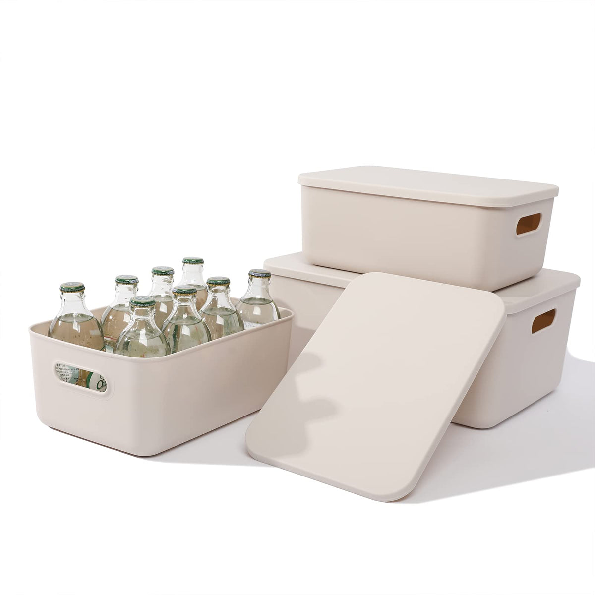 Yishyfier Plastic Storage Baskets With Lid Organizing Container Lidded Knit Storage Organizer Bins for Shelves Drawers Desktop Closet Playroom Classroom Office (4XL+2L, Light grey)