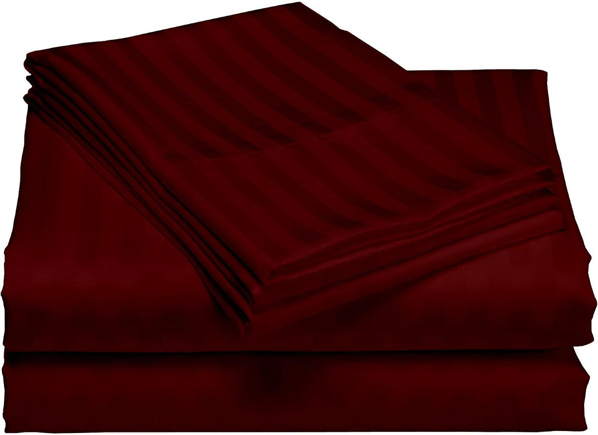 USA Full Sheet Set in Wine Stripe 400 Thread-Count 100% Egyptian Long Staple Cotton, Sateen Weave for Soft and Silky Feel, Breathable 4-Piece Bedsheet, Elasticized 24'' Extra Deep Pocket