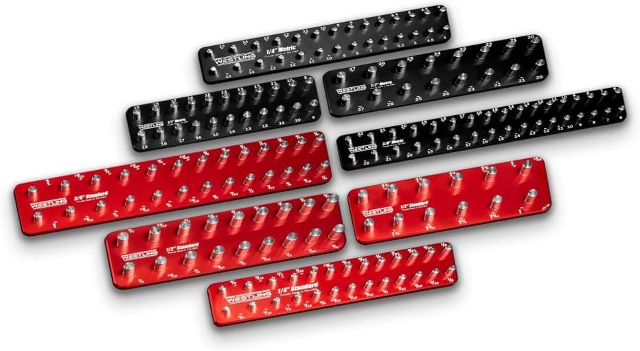 Westling USA Premium Aluminum Starter 8 Piece Socket Tray/Organizer Set, Holds 152 Standard and Metric Sockets (Red/Black, 2 Row)