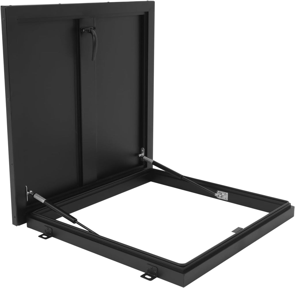 Aluminum Alloy Security Roof Hatch, 90° Hydraulic Escape Vent w/Lockable Egress Window Cover, Heavy-Duty Emergency Access Door for Attic & Commercial Buildings (23.6 * 23.6in, Black)