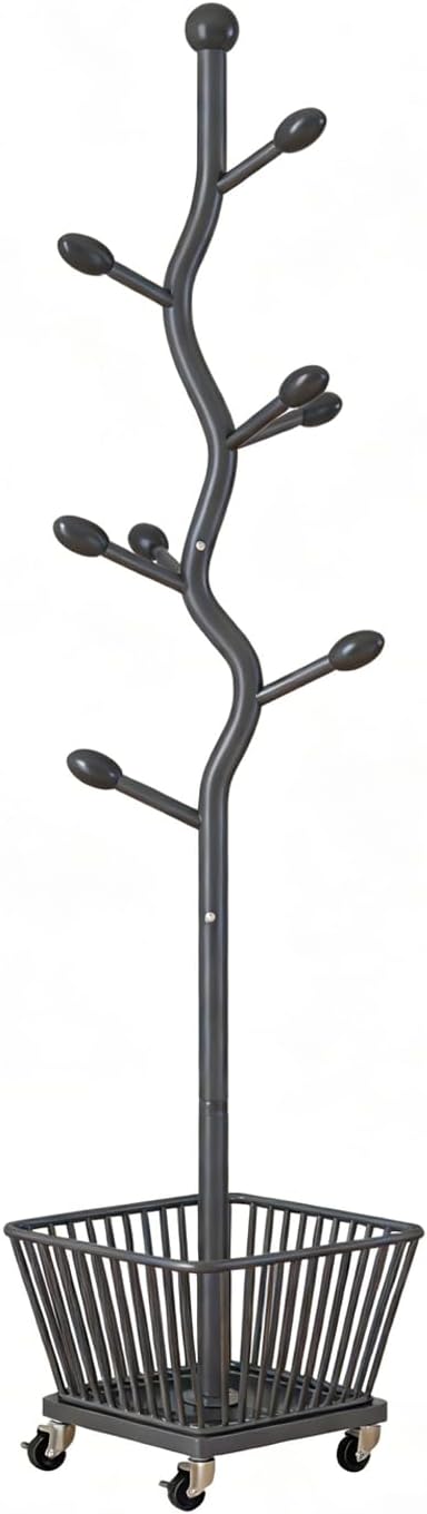 Freestanding Portable Metal Coat Rack Tree-shaped Coat Stand with Storage Basket Coat Rack Stand Perchero Para Colgar Bolsas Suitable for Bedrooms Offices Hallways and Obsidian Black 12.59in*68.89in