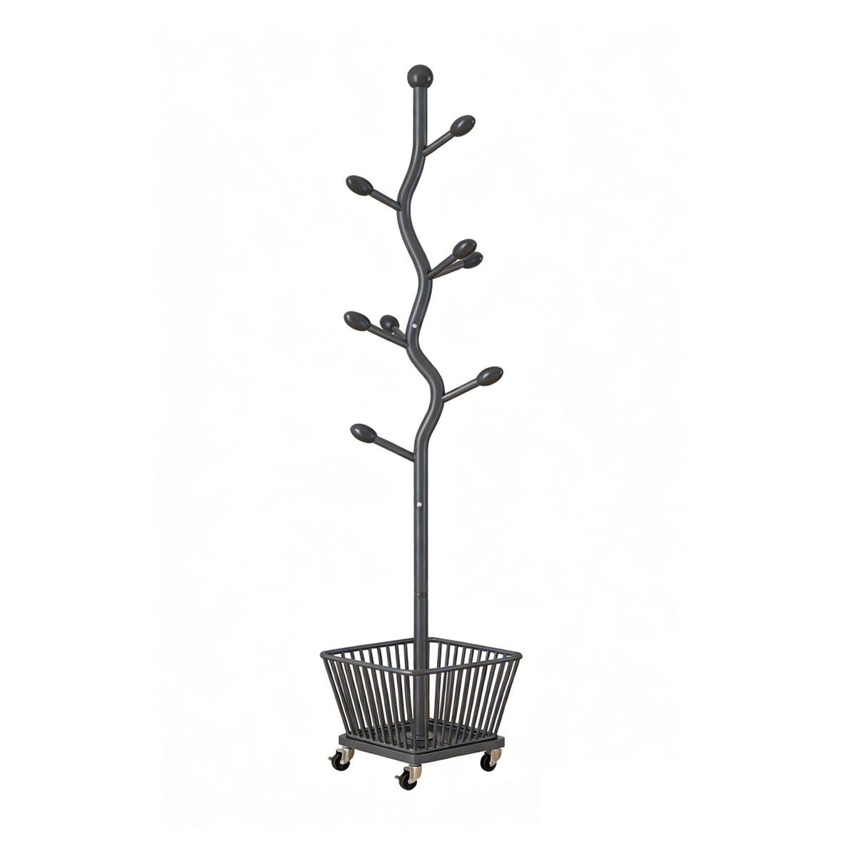 Freestanding Portable Metal Coat Rack Tree-shaped Coat Stand with Storage Basket Coat Rack Stand Perchero Para Colgar Bolsas Suitable for Bedrooms Offices Hallways and Obsidian Black 12.59in*68.89in