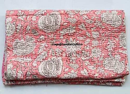 Indian Handblock Kantha Floral Printed Handmade Quilted Blanket Vintage Home Decorative KanthaThrow Blanket Kantha Bedcover Queen/King / CaliforiniaKing (Pink, Queen/king 90X108 inches)