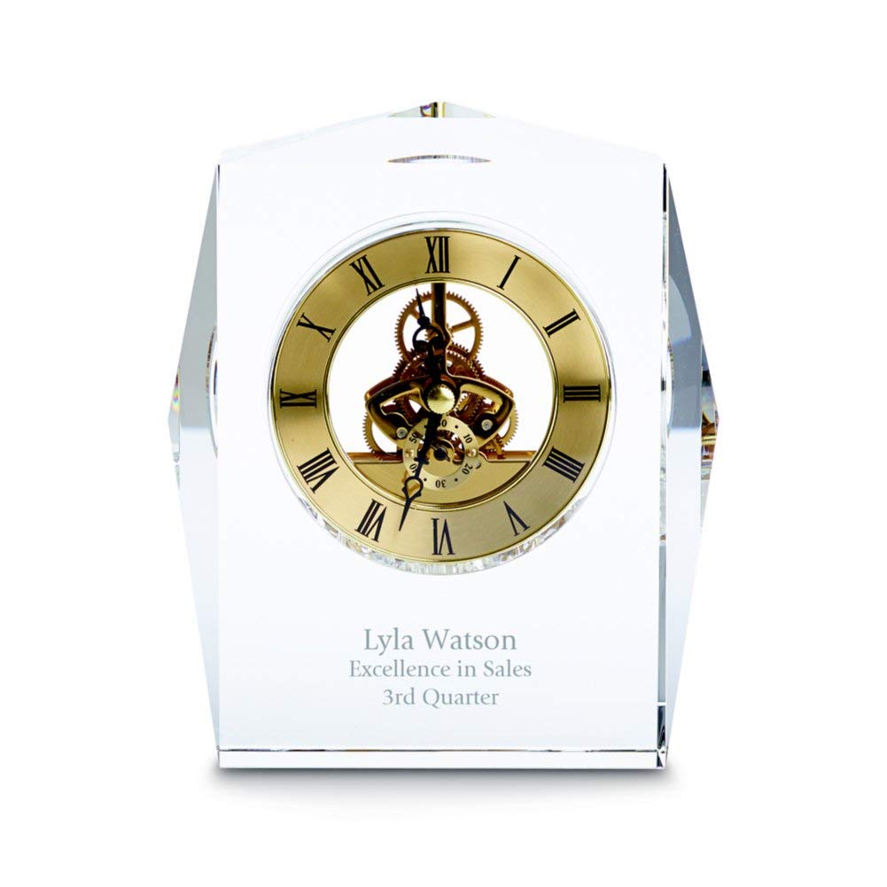 Custom Engraved Clock Trophy - Executive Crystal - Rectangular Shaped on a Rectangular Base - Gold Inset - Add Your Logo