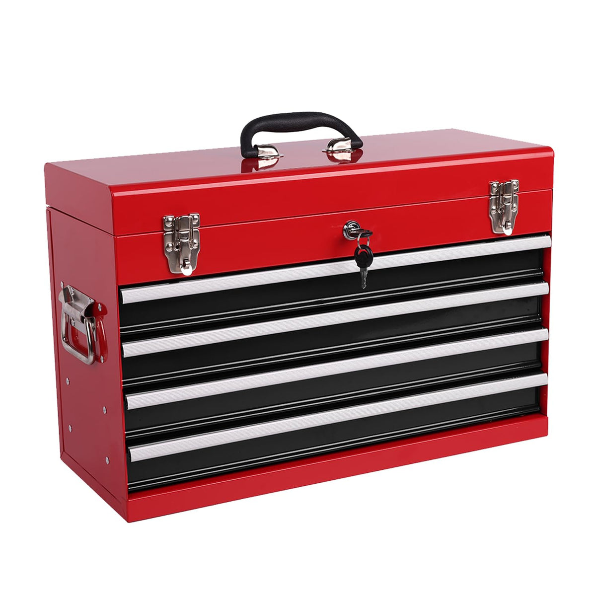 4 Drawers Metal Tool Box, 21" Portable Steel Tool Chest w/Key Lock&Latch Closure, Multi-Function Top Storage Tray Toolbox w/Powder Coating&Ball Bearing Slides (Style 1-4 Drawers - Blue)