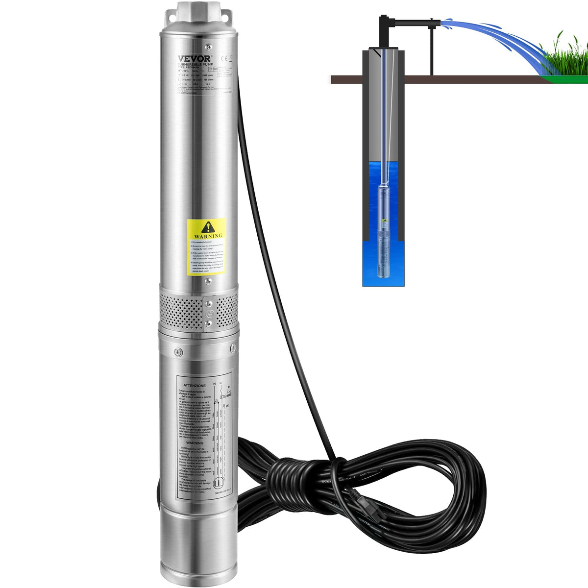 VEVOR Deep Well Submersible Pump 2 HP 230V/60Hz 37 GPM Flow 427 ft Head