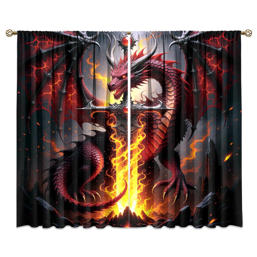 Dreamy Ice Fire Dragon Rod Pocket Curtains-Fantasy Yin Yang Theme Blackout Curtains & Drapes for Bedroom,Mythological Wild Animals Dragon Room Darkening Window Curtain,2pcs,Each 52“W x 96”L