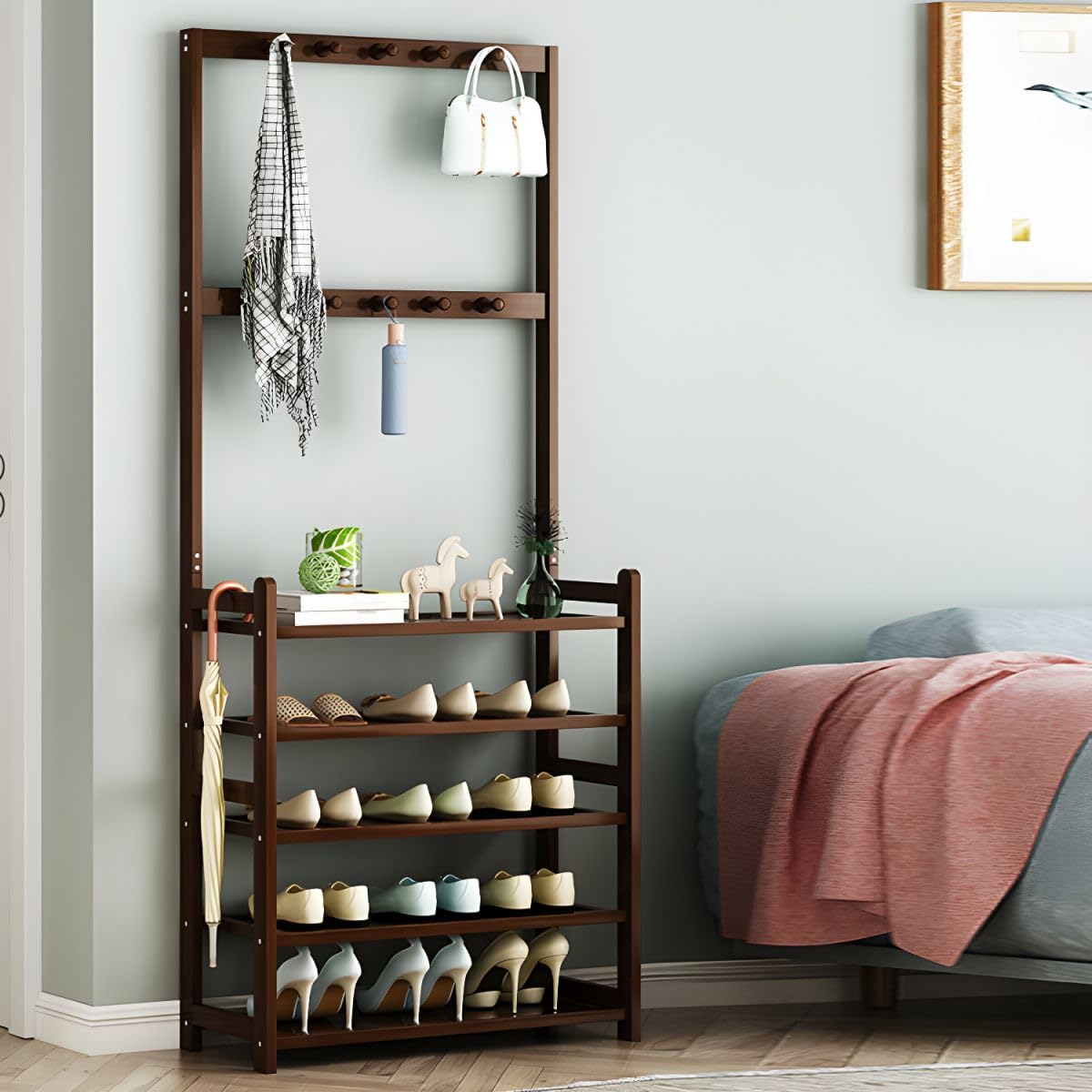 Modern Wood Coat Hanger Storage Shelves & Coat Hooks Entryway Kit Multifunctional Clothes Hanger Floor-standing Bedroom Clothes Storage Rack Simple Coat Rack Natural 31.5"L x 9.1"W x 69.3"H