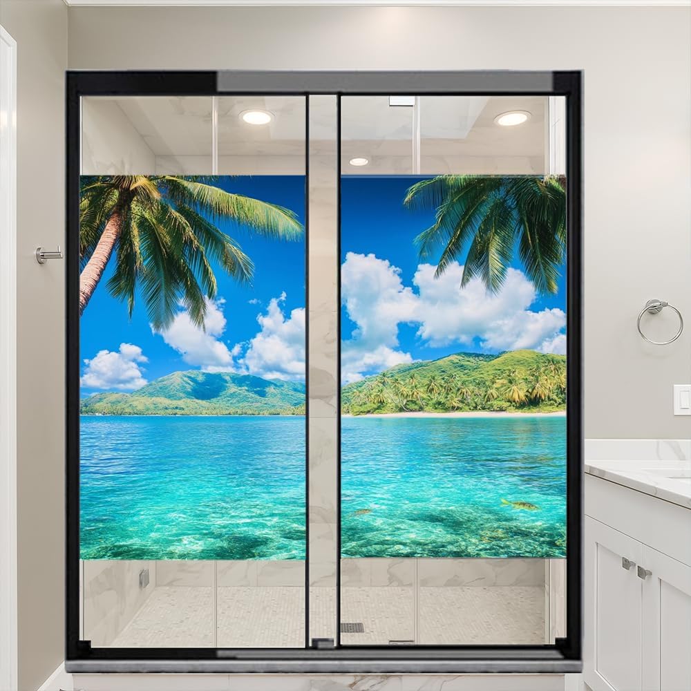 Watercolor Tropical Landscape Window Privacy Film 35.4Wx55.1L inch x 2pcs