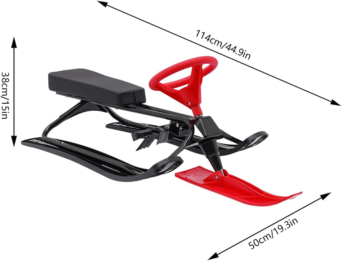 Snow Racer Sled, Ski Sled with Steering Wheel & Twin Brakes, Durable Steel Frame, Great Weight Capacity of 220 LBS, Sled for Kids Age 6 & Up, Teenagers Adult