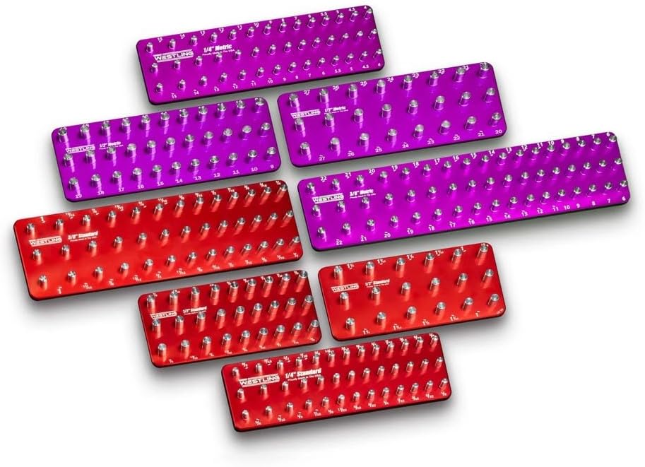 Westling USA Premium Aluminum Professional 8 Piece Socket Tray/Organizer Set, Holds 273 Standard and Metric Sockets (Red/Purple, 3 Row)